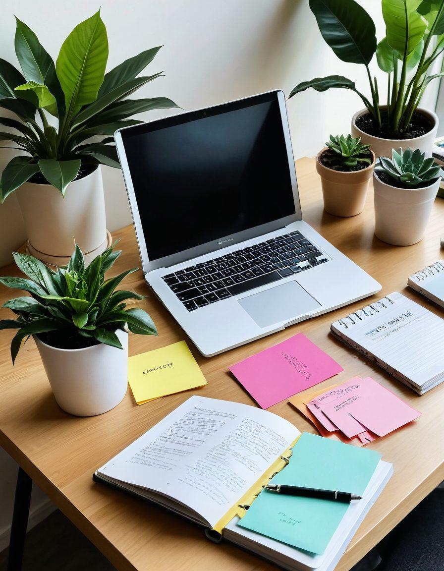 An open notebook filled with colorful sticky notes and highlighted text, surrounded by books on wellness, lifestyle, and personal development. Include a stylish desk with a laptop showing a webpage titled 'Hintai Lifestyle Blog' and a cozy plant in the background. Soft, warm lighting creates an inviting atmosphere. super-realistic. vibrant colors. cozy setting.
